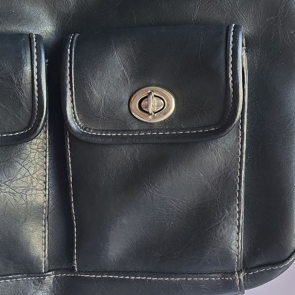 Black Faux Leather Messenger Shoulder Bag, Medium - Picture 3 of 9